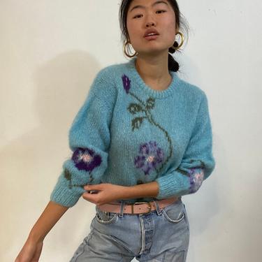 80s hand knit mohair floral sweater / vintage tiffany blue hand knit mohair morning glory flower fuzzy sweater | S M 