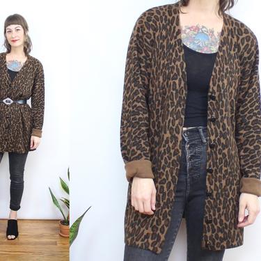 Vintage 90's Brown Leopard Cardigan / 1990's Animal Print Sweater Cardigan / Women's Size Medium Large 