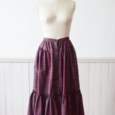 1970s Autumnal Plaid Midi Prairie Skirt | S 