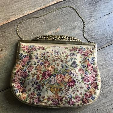 Floral Tapestry Petit Point Bag, Austrian, Original Label, Needlepoint, Metal Frame Evening Clutch Pastel, Silk Interior, MDT 