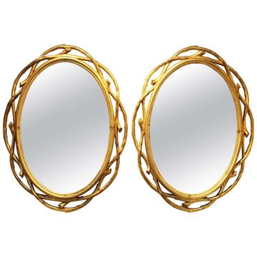 Hollywood Regency Oval Mirrors with Carved Giltwood Frame