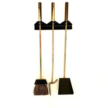 American Mid Century Atomic Age Patinated Brass Wall Mounted Fireplace Tools Set