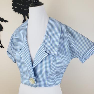 Vintage 1950's Blue Gingham Button Up Top / 50s Jacket Bolero Blouse Shirt M 