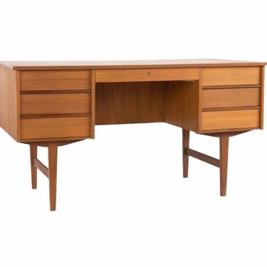 Free and Insured Shipping Within US - Vintage Solid Teak Danish Executive Desk with Bookshelf Slots in Back 