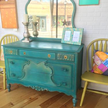 Multi-Colored Antique Dresser with Mirror 50wx22dx34h
