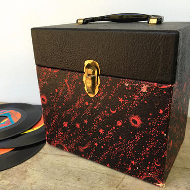 Vintage 60's Deccafile 45 PRM Carrying Case, Black And Red Celestial Case, Stars And Planets, No Records Included 