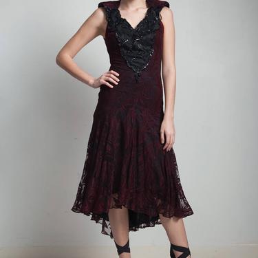 vintage 80s cocktail party dress lace cutout open back burgundy red on black beaded sequins SMALL S 