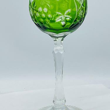 Vintage Etched Wine Glass Goblet Bohemian - Cut to Clear- Great Condition Green with Clear Stem 