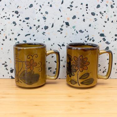 Vintage 1970s Stoneware Matching Coffee Mugs - Brown/Green Floral Stoneware Mugs - Set/2 