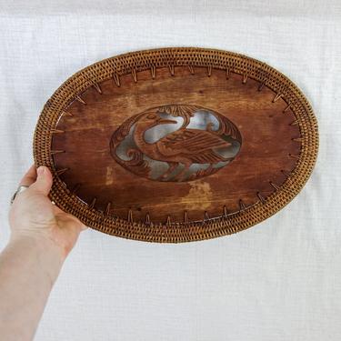 Carved Wood and Rattan Trivet 13&amp;quot; x 9.5&amp;quot; Flat Oval Tray with Bird Motif, Plate Wood Boho Wall Hanging for Basket Wall, Rustic Kitchen Decor 