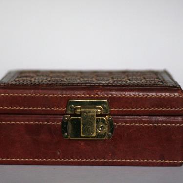 vintage leather jewelry box with woven leather lid 