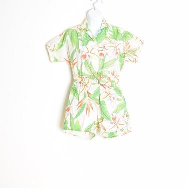 vintage 80s romper hawaiian print floral one piece outfit playsuit white green M clothing 