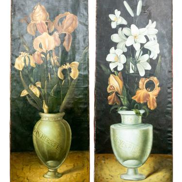 Pair of Large Oil on Canvas  Paintings of Lilies in Apothecary Jars
