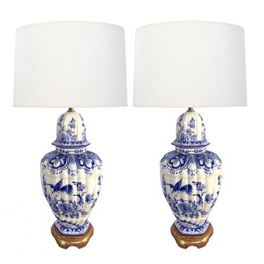 Large Pair of Dutch Delftware Blue &amp; White Glazed Ginger Jar Lamps