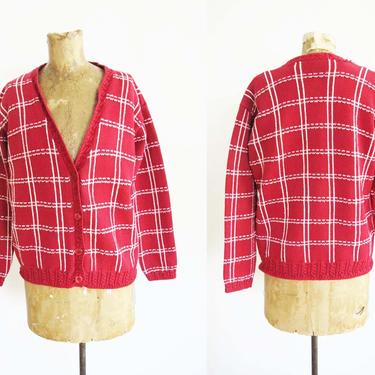 90s Red Plaid Cardigan S - Windowpane Checkered Plaid Sweater - Button Up Holiday Cardigan - Festive 