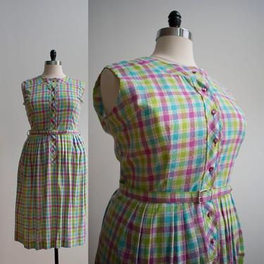 1950s Shirt Dress / Plus Size Vintage Dress / 50s Day Dress / Plaid Dress / 1950s Dress XL 