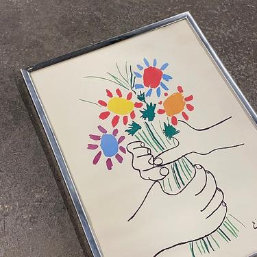 Vintage Picasso Print 1980s Retro Size 25x19 Contemporary + Bouquet of Peace + Flowers in Hands + Reproduction Art + Home and Wall Decor 