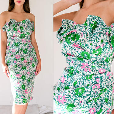 Vintage 80s Flora Kung Ivory, Green &amp; Pink Floral Print Silk Strapless Wiggle Dress w/ Large Bow Design | 100% Silk | 1980s Designer Dress 