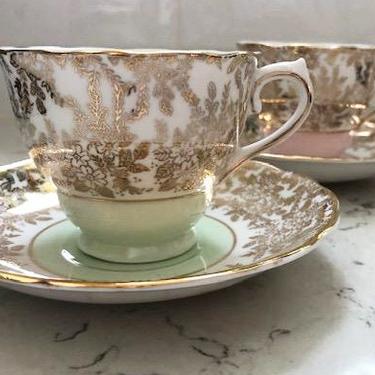 Pair of Vintage Colclough Pink and Green with Gold Gilt on White English Bone China Teacup &amp; Saucer Circa Mid 1930s / Gold Floral Pattern by LeChalet