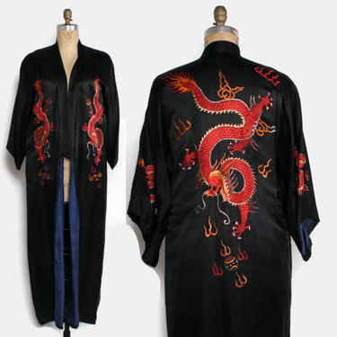 Vintage Japanese Silk Kimono / Black Silk Embroidered Dragons Robe Dressing Gown 