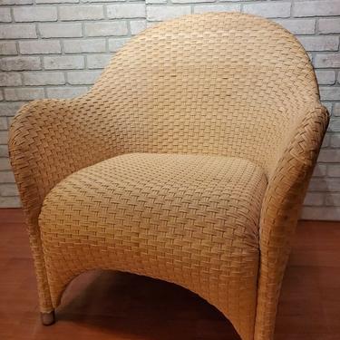 Rare Vintage Italian Woven Honey Leather Rattan Lounge Chair