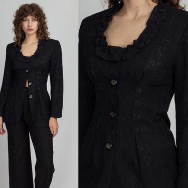 80s Black Jacquard Ruffle Neck Blazer Top - Small | Vintage Long Sleeve Pleated Blouse 