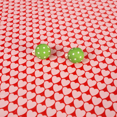 Cute as a Button Vintage 60s Green Polkadot Cloth Tiny Clip On Earrings 