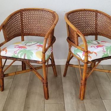 Vintage Coastal Palm Beach Style Bamboo and Rattan Barrel Back Accent Chairs a Pair . 