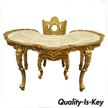 French Baroque Style Gold Gilt Kidney Vanity Desk &amp; Chair attr. to Roma Furn.
