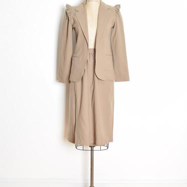vintage 70s skirt suit beige wool ruffle jacket blazer set outfit secretary S clothing 