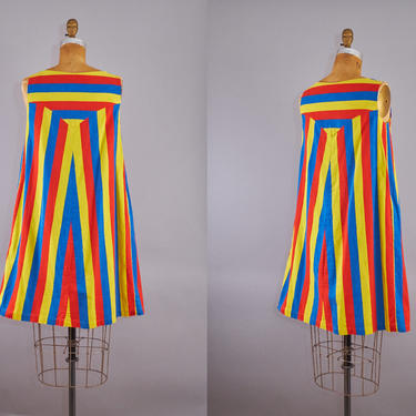 60s Rainbow Striped Cotton Trapeze Dress 