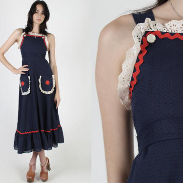 Red White Blue Pinafore Dress / Ruffle Eyelet Country Style Maxi Dress / Vintage 70s Swiss Dot CountryCore Maxi Dress With Ric Rac Trim 