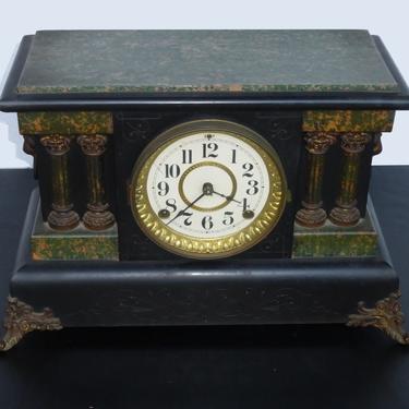 Gorgeous Vintage Shelf Mantel Clock w Brass Hardware Green Faux Marble 