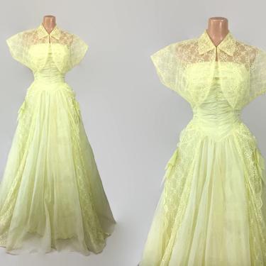 VINTAGE 50s Yellow Chiffon &amp; Tulle Formal Cotillion Gown with Lace Bolero Jacket | 1950s Cupcake Prom Dress | Princess Belle Ball Gown 