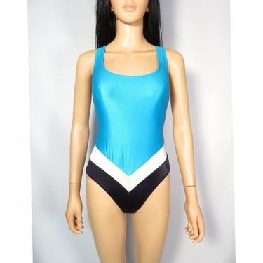 Vintage 80s Avon Fashions Chevron Striped Color Block One Piece Bathing Suit Made In USA Size L 11/12 