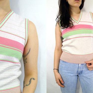 1970/80s Sleeveless Sweater | Pink, Lime Green and White Striped Soft Double Knit Sporty V-Neck Tennis Golf Classic Preppy Top 