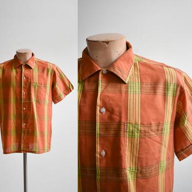 1960s Mens Orange Plaid Shirt 