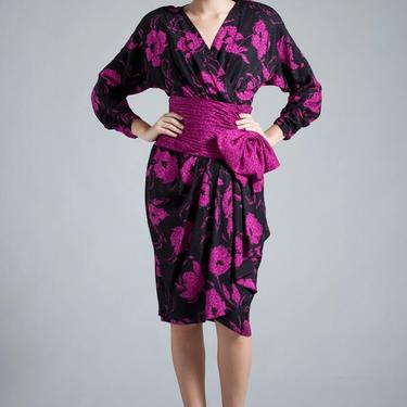vintage 80s silk dress pleated cummerbund bow black purple pink long sleeves SMALL S 