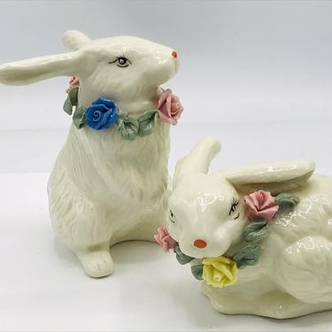 Vintage Pair of  White  Bunnies Porcelain Figurines w/Lei of Flowers on Their Neck- Chip Free 