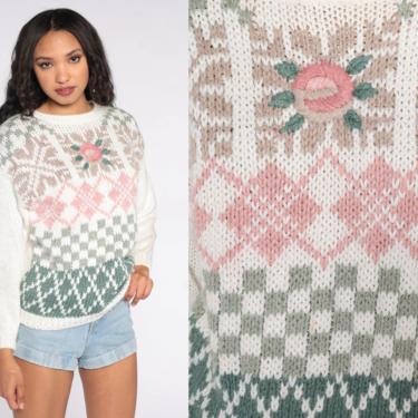 White Floral Knit Sweater 80s 90s Embroidered Rose Grunge Slouchy 1980s 1990s Grandma Pullover Vintage Argyle Checkered Green Pink Medium 