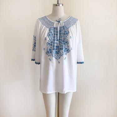White and Light Blue Embroidered Peasant Blouse - 1970s 