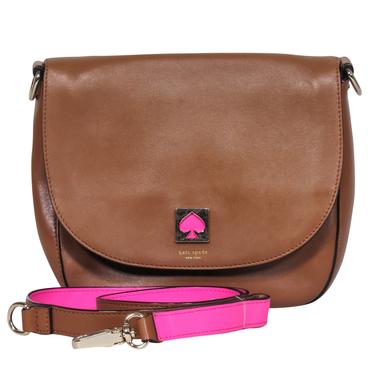 Kate Spade - Brown Leather Saddle Crossbody Bag w/ Pink Strap