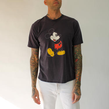 Vintage 80s Mickey Mouse Distressed Official Licensed Black Single Stitch Tee Shirt | Made in USA | 1980s Classic Disney Character T-Shirt 