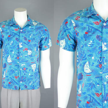 1950s ALOHA Shirt | Vintage 50s Men's Cotton Short Sleeve Shirt with Tiki Hawaiian Print | medium 
