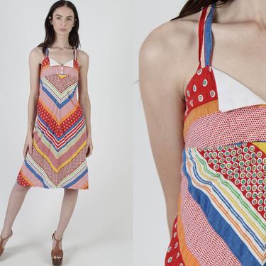 Vintage 70s Rainbow Striped Dress / Colorful Seersucker Polka Dot Dress / Chevron Criss-Cross Spaghetti Straps / Summer Day Sun Mini Dress 