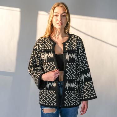 Vintage 80s Escada Black & White Geometric Pattern Mohair Wool Open Front Cardigan | Made in W. Germany | 1980s Designer Bohemian Sweater 