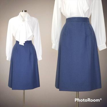 Vintage Blue Wool Skirt, Medium / Felted Wool Knee Length Skirt / 1940s Style Office Skirt / Simple Straight Work Skirt / Vintage Officewear 
