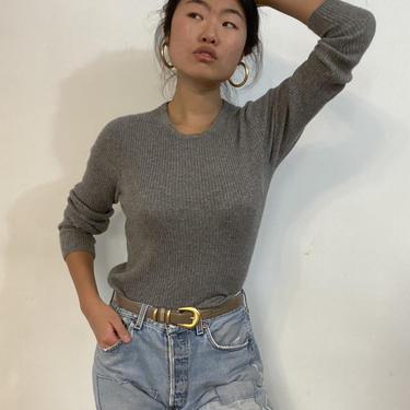 90s cashmere sweater tee / vintage charcoal gray 100% cashmere ribbed knit cropped crewneck snug sweater | S 