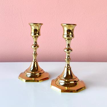 Pair of Brass Candlestick Holders with Octagonal Base 