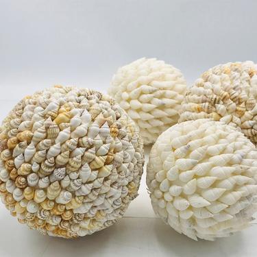 Vintage (4) Set  Decorative Sphere Ball Orbs  Covered with shells 4&quot;- 5&quot; Nautical Theme 